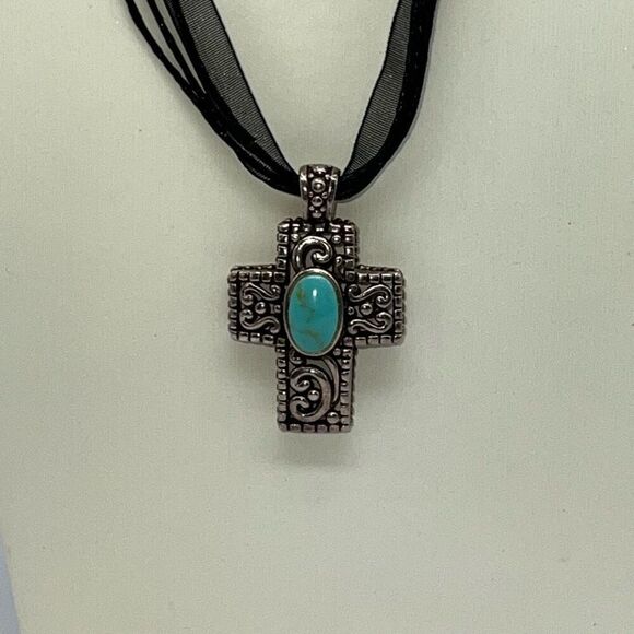 Sterling Silver 925 Cross Necklace Faux Turquoise On Black Cord Classic Religiou - Picture 1 of 6